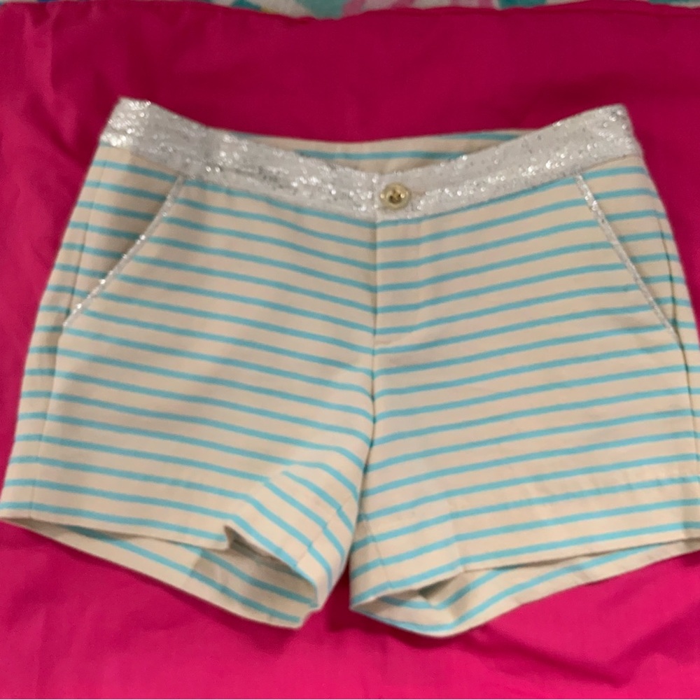 LILLY PULITZER CALLAHAN PARTY SHORTS BLUE HORIZON BAYVIEW STRIPE METALLIC SIZE 4